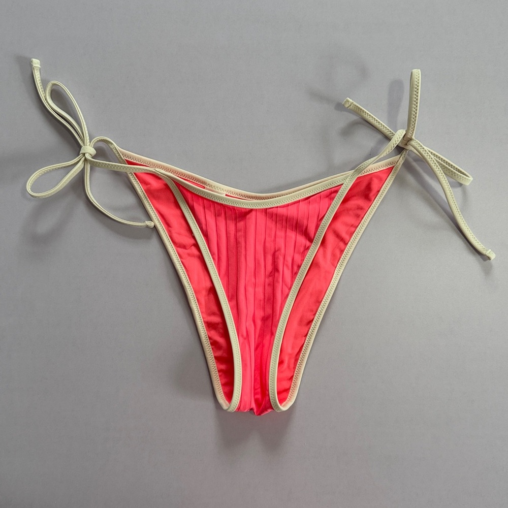 aerie Ribbed High-Rise Bikini Bottom - Pink with Cream Trim - Picture 3 of 5